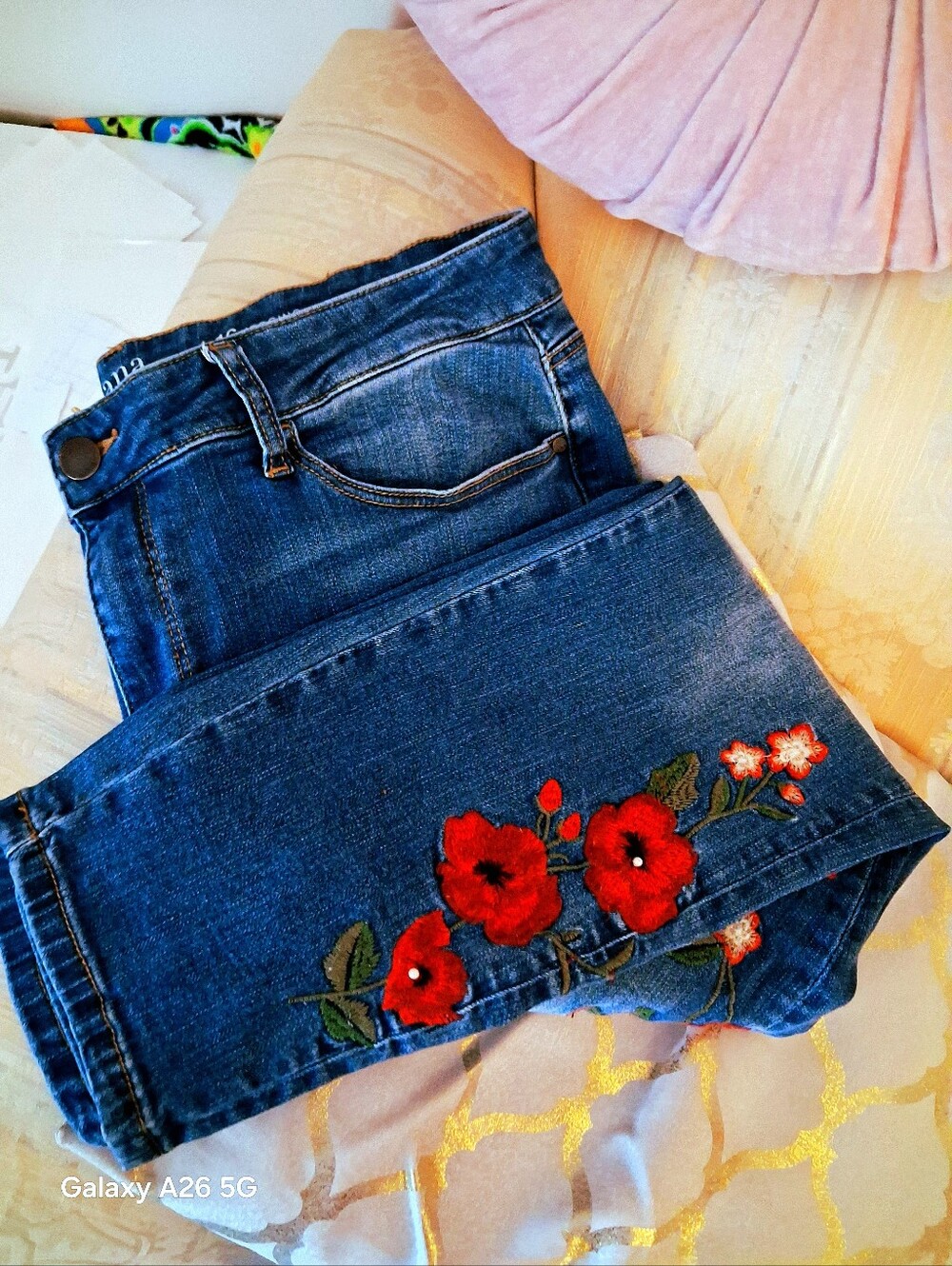 A.N.A Dark Blue Skinny Jeans with Red Floral Embroidery Size 16